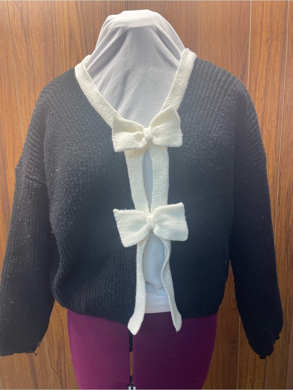 SHEIN Black Cardigan with Cream Bow Trim